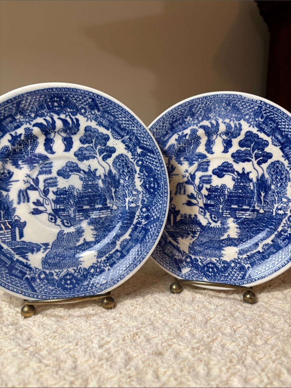 Japanese-made Blue Willow saucers - set of two marked “JAPAN” on back - vintage